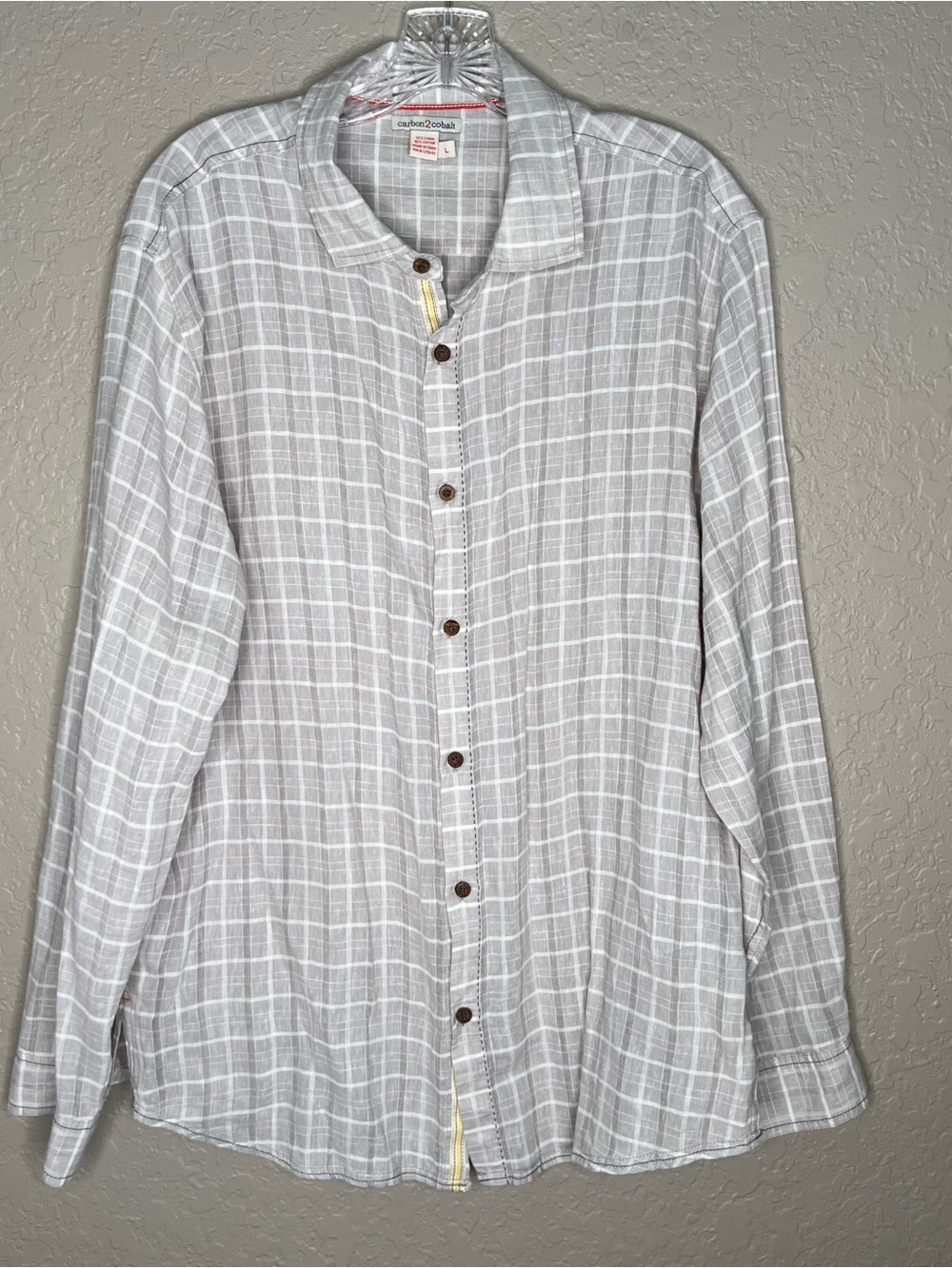 Carbon2Cobalt Linen Blend Long Sleeve Light Grey Stripped Shirt Sz L Summer